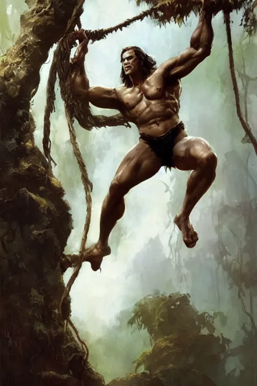 Prompt: tarzan swinging from a tree, by Frank Frazetta, Greg Rutkowski, Boris Vallejo, epic fantasy character art, Exquisite detail, post-processing, low angle, masterpiece, cinematic