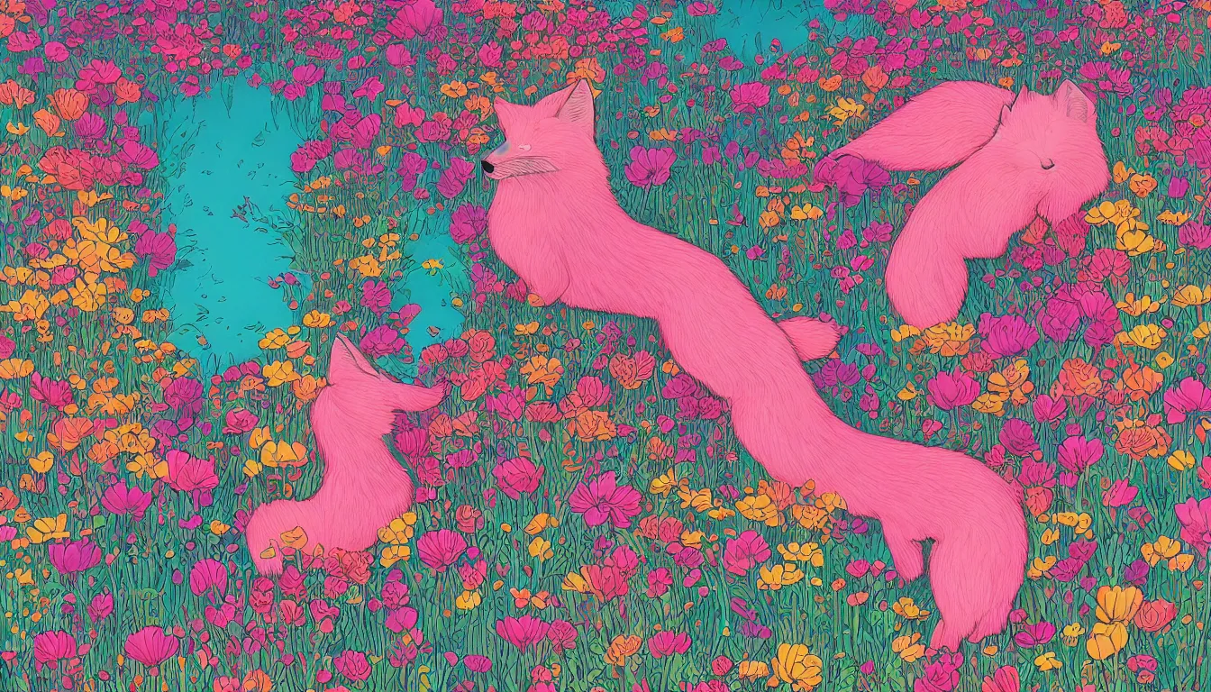 Image similar to pink fox head popping out of a field of multi colored flowers by kilian eng, victo ngai, josan gonzalez