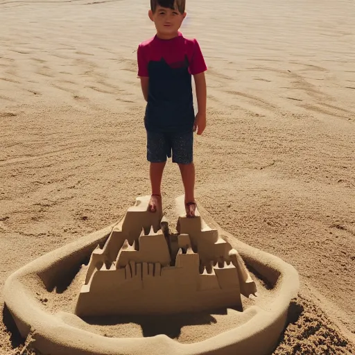 Prompt: kid standing on top of a huge sandcastle