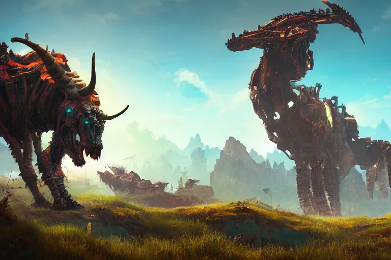 Image similar to grimhorn fanghorn machine mecanical creature robot of horizon forbidden west horizon zero dawn bioluminiscence global illumination ray tracing hdr fanart arstation by ian pesty and alena aenami artworks in 4 k