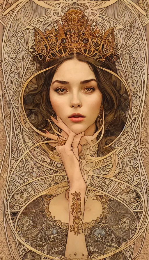 Image similar to a queen, highly detailed, very intricate, art nouveau, gold filigree, left right symmetry, tarot concept art watercolor illustration by mandy jurgens and alphonse mucha and alena aenami, featured on artstation