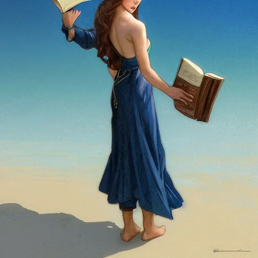 Prompt: portrait of a female wizard with brown hair wearing a blue wizard's hat and blue swimsuit holding a book at the beach, fantasy, highly detailed, digital painting, artstation, concept art, character art, art greg rutkowski and tyler jacobson and alphonse mucha