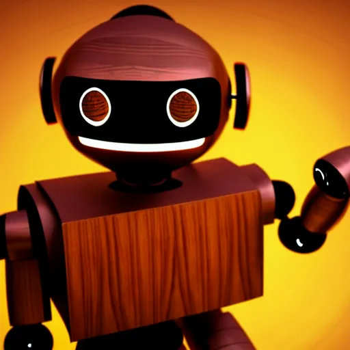 Prompt: a cute little robot, material wood. super realistic 8 k render of a dark hooded powerful elegant, cinematic composition