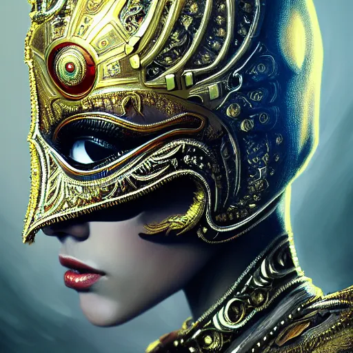 Image similar to Very very very very highly detailed epic photo of full face with beautiful ornamental venetian mask, intricate, dystopian, sci-fi, extremely detailed, digital painting, artstation, concept art, smooth, sharp focus, illustration, intimidating lighting, incredible art by Artgerm and Vincent di Fate and Anton Pieck