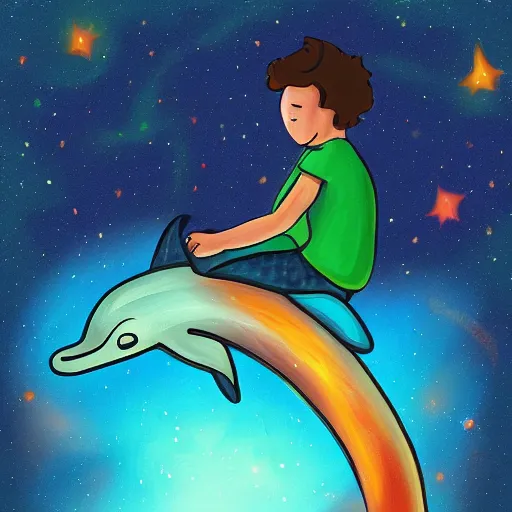 Prompt: Boy traveling through space on a dolphin, digital painting