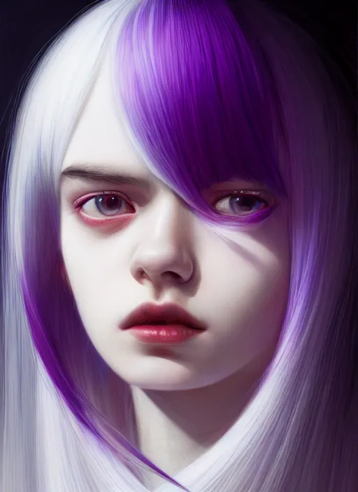 Image similar to hair whitebangs hair, black hair, whitebangs, portrait of teenage girl with white bangs, red irises, purple clothes, white bangs, bangs are different color from hair, intricate, elegant, glowing lights, highly detailed, digital painting, artstation, concept art, smooth, sharp focus, illustration, art by wlop, mars ravelo and greg rutkowski