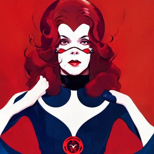 Prompt: Joshua Middleton comic art, wide shot, stunning elegant female Natalie Wood, white mask, beautiful evil sneer, symmetrical face, symmetrical eyes, leather clothing and boots, long straight red hair, full body, Indigo occult pattern