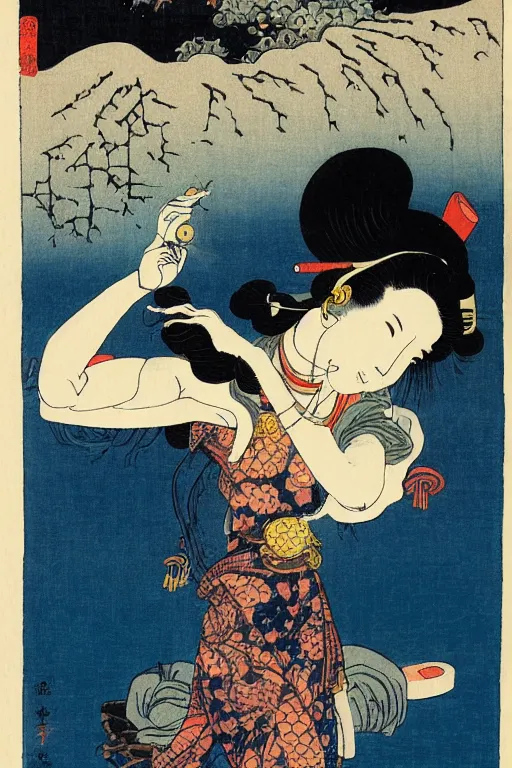 Image similar to a godess with headphones in a silent disco rave, by katsushika hokusai, by ralph steadman, storybook illustration, cool color palette, in a symbolic and meaningful style, space sci - fi of ancient religion, single figure