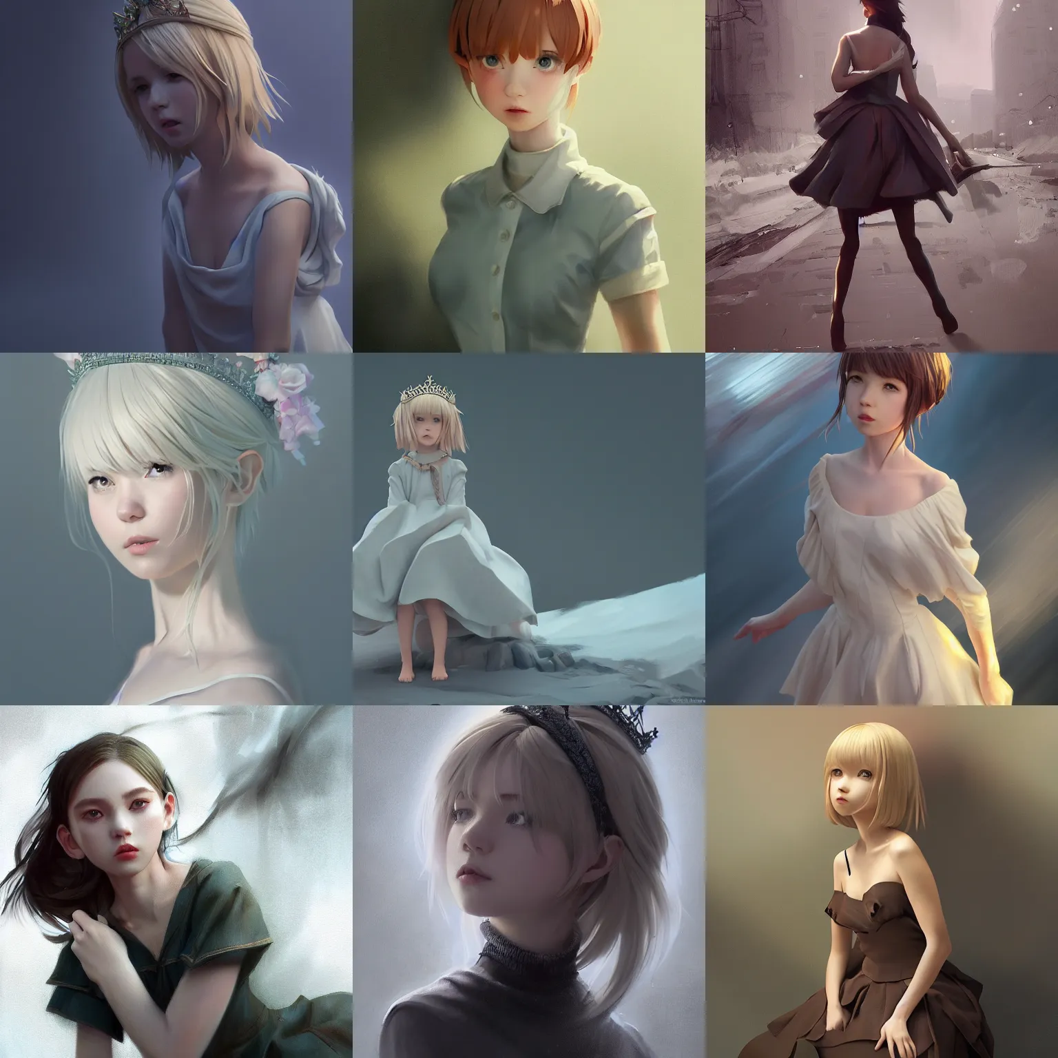 Prompt: clothed, worksafe. cgsociety, by wlop, ilya kuvshinov, krenz cushart, greg rutkowski, trending on artstation. zbrush sculpt, octane, maya, houdini, vfx. young blonde girl posing, princess dress, tiara. digital painting, large brush strokes. cinematic dramatic atmosphere, sharp focus, soft volumetric studio lighting.