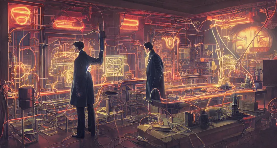 Image similar to nikolai tesla in his lab, electrical arcs, magical sparks, neon glow, highly detailed, digital art, intricate, dramatic lighting, retro futuristic, neon colors, cinematic, art by norman rockwell, greg rutkowski, james gurney, artgerm