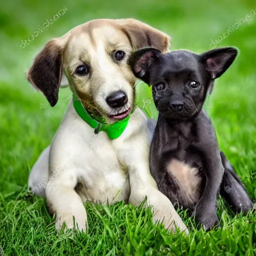 Prompt: adorable green puppy on grass with its mother