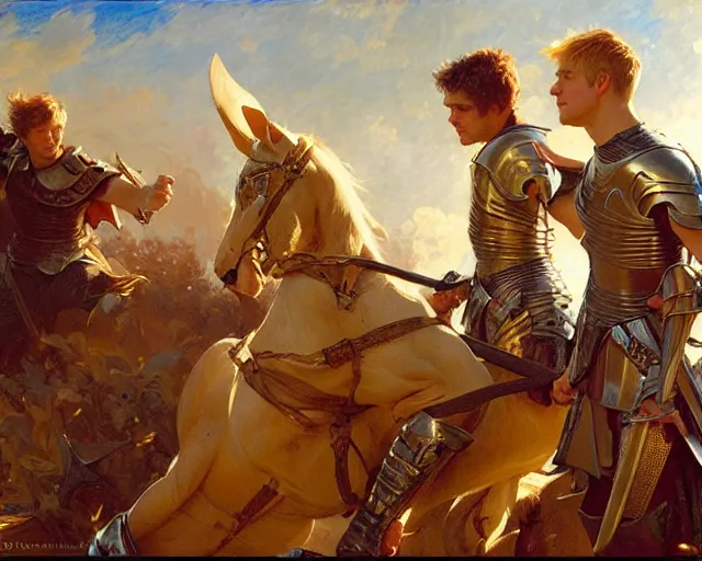 Image similar to attractive arthur pendragon and attractive lancelot, do some mock battle for training. highly detailed painting by gaston bussiere, craig mullins, j. c. leyendecker 8 k