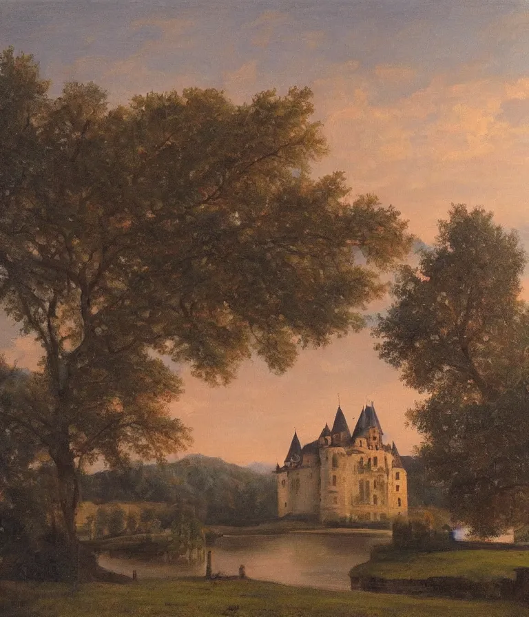 Image similar to Chateau de Ver. history painting, dusk, sunset lit Chateau, artstation, oil on canvas, by Albert Aublet, Private Collection
