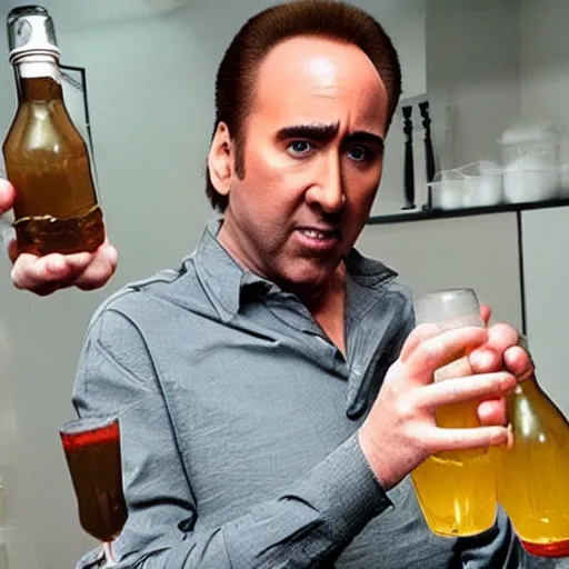 Prompt: Drinking of liquid Nicolas Cage from bottle.