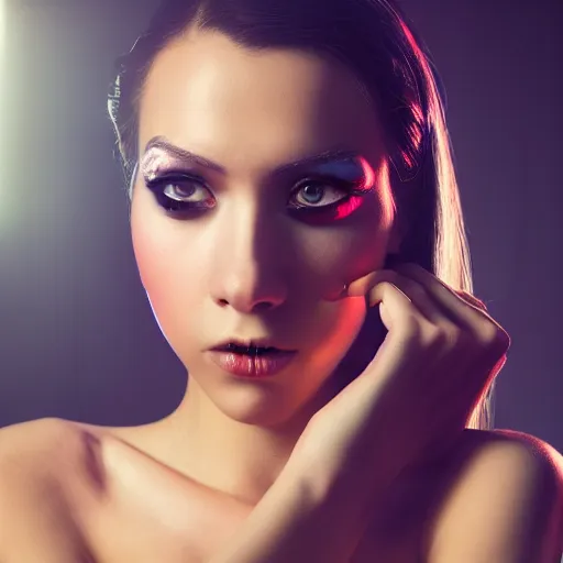 Image similar to a beautiful young woman, cyberpunk, cinematic, studio lighting, 8 k, highly detailed, rule of thirds