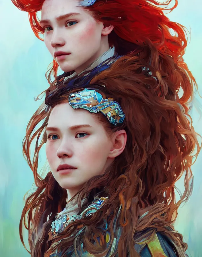 Prompt: beautiful portrait of aloy from horizon zero dawn, long red hair and pale skin, narrow face, trending on artstation, bright colors, by wlop, by kan liu, by alphonse mucha, by geoffrey chan, art nouveau