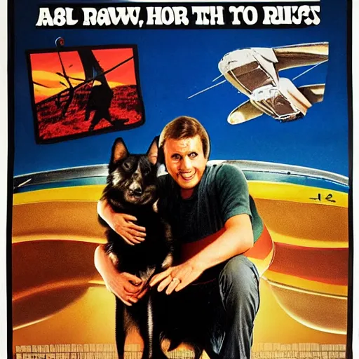 Image similar to a 8 0's movie poster about a guy and his dog. they are pilots it's called wing and a paw