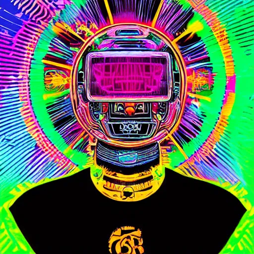 Image similar to black tshirt with a hyperdetailed portrait of a trippy diesel punk robot, 8 k, symetrical, flourescent colors, halluzinogenic, multicolored,