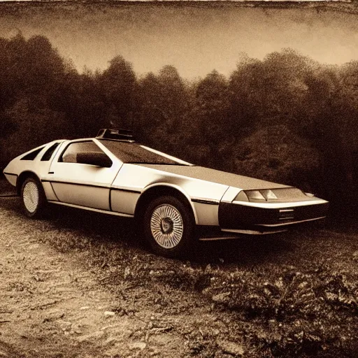Image similar to a monochromatic sepia photograph of a delorean traveling with pioneers on the oregon trail, trending on art station,