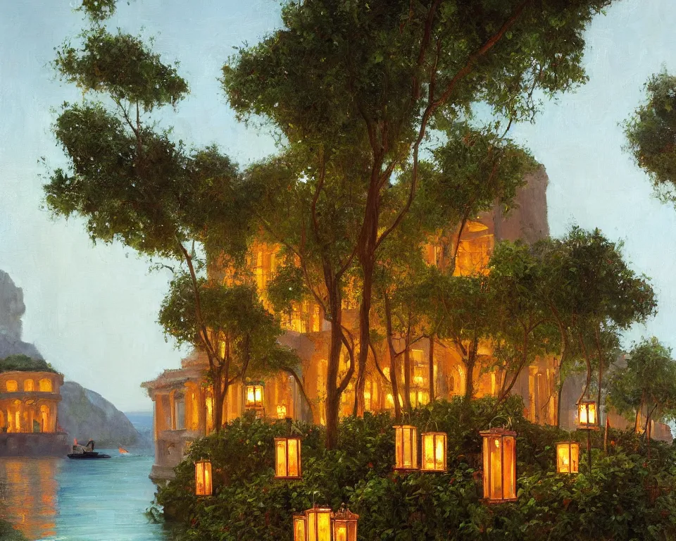 Prompt: an achingly beautiful oil painting of a vibrant Mediterranean four seasons hotel, lit by glowing lanterns and covered in ivy, on the shores of a volcanic lagoon by Raphael and Hopper. detailed, romantic, trending on artstation.