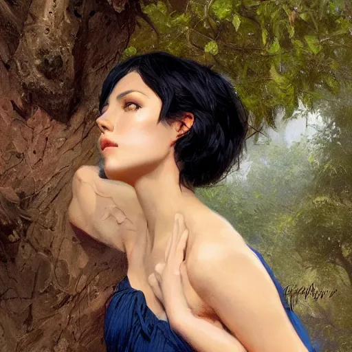 Prompt: portrait of a strong woman resting on a large tree, short black hair, thoughtful experssion, minimal dark blue clothing, sharp focus, ultra realistic digital painting, colorful, backlit, high fantasy, intricate, highly detailed, smooth, elegant, gaston bussiere, bayard wu, greg rutkowski