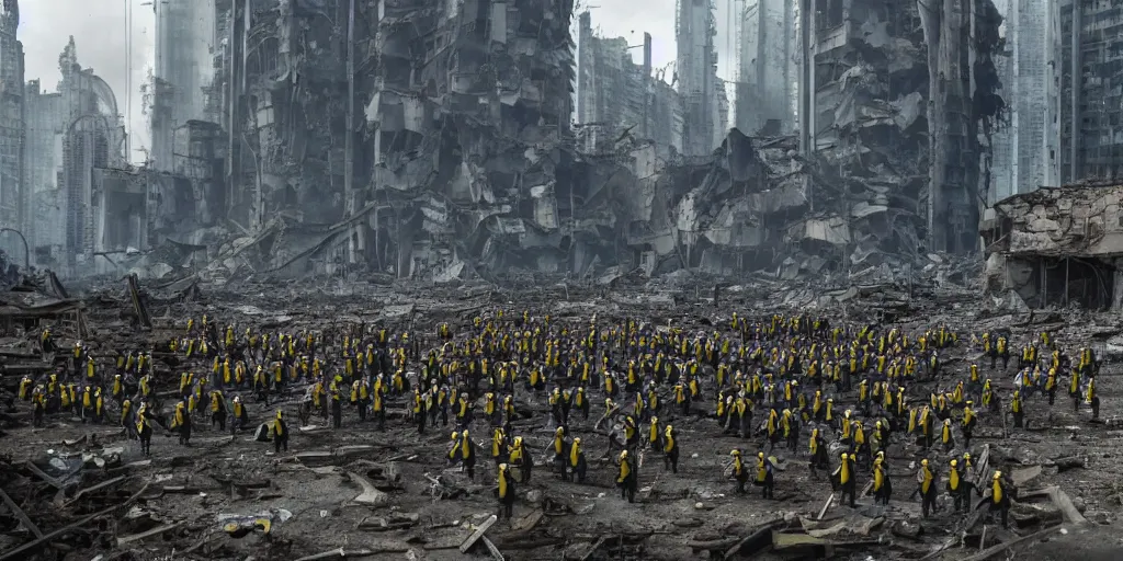 Image similar to army of minions in the middle of the ruins of cyberpunk moscow after the bombing, a minimum of surviving houses, a dim sky, a dead city