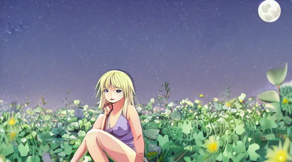 Image similar to Lucy Heartfilia sitting in a field of Ghibli Clover | Big Moon at Night | GLOWING FLOWERS | strong blue rimlit | visual-key | anime illustration | highly detailed | in the style of Anmi