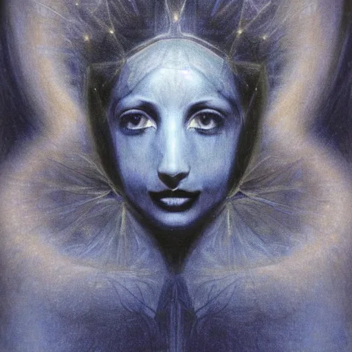 Image similar to Close-up of Goldfrapp, pencil drawing. El Greco, Remedios Varo, Salvador Dali, Carl Gustav Carus, John Atkinson Grimshaw. Blue tint. Symetrical, logo, geometric shapes.