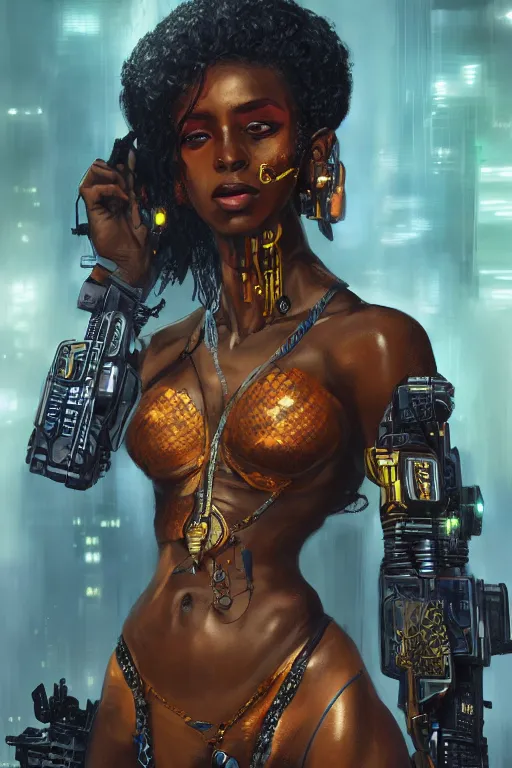 Image similar to portrait of a beautiful young Black woman, cyberpunk, Warhammer, highly detailed, artstation, illustration, art by Gustav Klimt