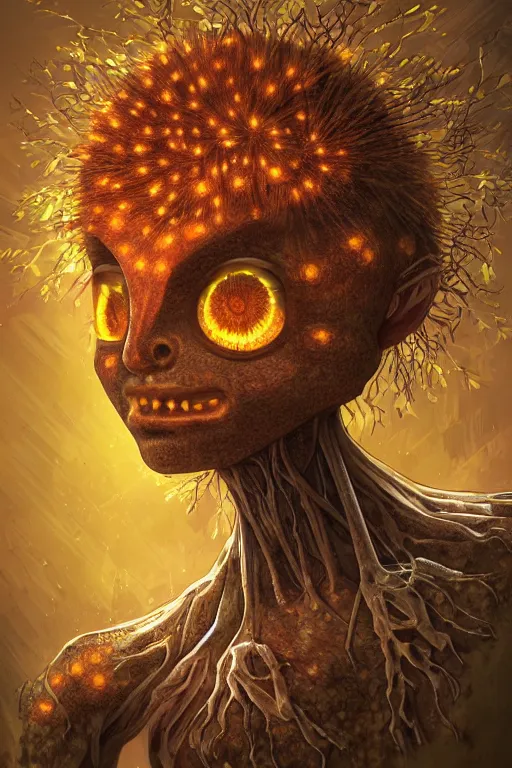 Image similar to a humanoid figure dandelion plant monster, amber eyes, highly detailed, digital art, sharp focus, ambient lighting, glowing, trending on art station, anime art style