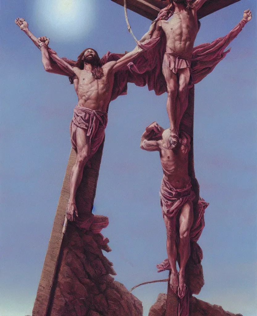 Image similar to painting of Jesus Christ on the Cross, in the style of Wayne Barlowe,