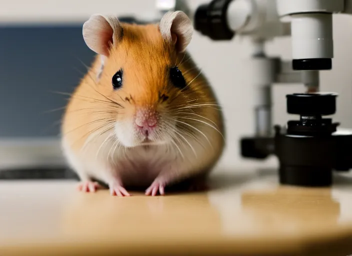 Prompt: film still of a hamster working in a research lab using a tiny microscope, 8 k