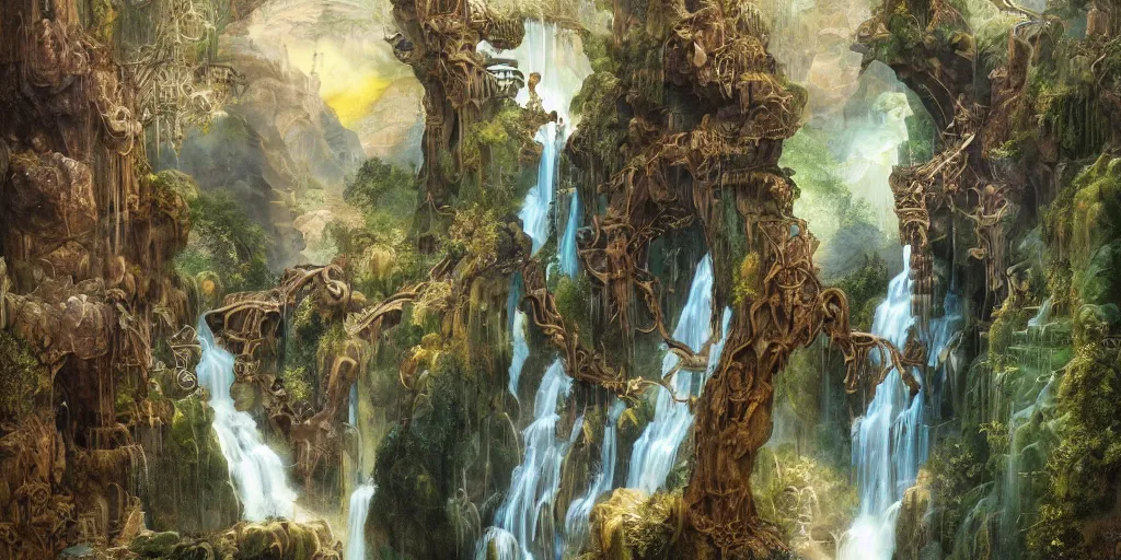 Image similar to innovative waterfall the ancient gods fantasycore landscape, Precise and Intricate Linework, Art Nouveau Cosmic 4k Detailed Matte Illustration trending on Flickr ,CGSociety, Crimson and Ecru color scheme, Pastiche by Albrecht Dürer, Pastiche by Don Maitz