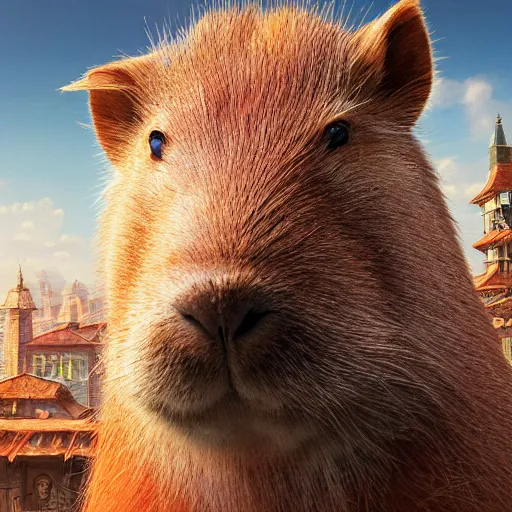 Image similar to character portrait of the capybara princess with gorgeous detailed eyes in the marketplace in the sky, color page, tankoban, 4 k, tone mapping, doll, akihiko yoshida, james jean andrei riabovitchev marc simonetti, yoshitaka amano, long hair, curly, greater capybara, giant cavy rodent, h. hydrochaeris