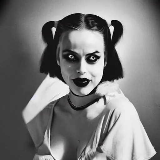 Image similar to Harley Quinn, realistic, portrait, black and white photography, 1960