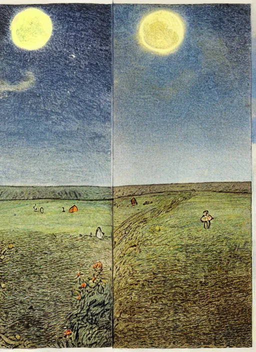 Image similar to sky transitioning from day to night, one half is sunny, other half is starry and dark, empty field, illustrated by peggy fortnum and beatrix potter and sir john tenniel