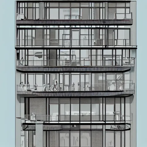 Image similar to cutaway drawing of a building, view on the different appartement, by studio muti