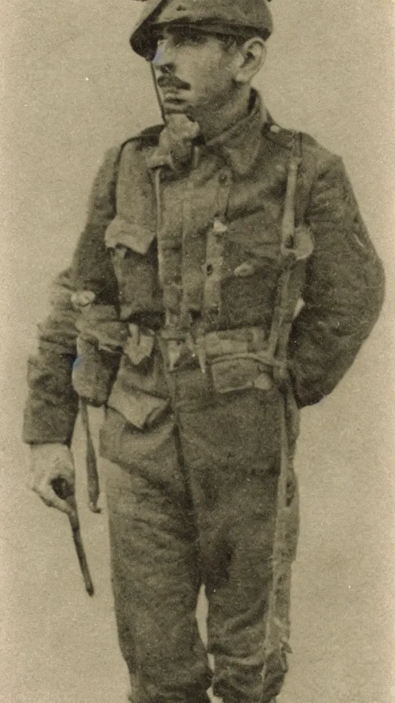 Image similar to Luigi as a world war I soldier, photograph, colorized, damaged