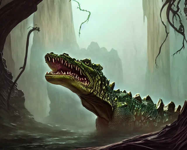 Prompt: forsaken crocodile god, cinematographic shot, deep focus, d & d, fantasy, intricate, elegant, highly detailed, digital painting, artstation, concept art, matte, sharp focus, illustration, hearthstone, magic the gathering, art by wesley burt and karla ortiz and alphonse mucha