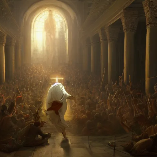 Prompt: a detailed picture of jesus chasing away the merchants in the temple, thrown tables, scattered gold coins, fleeing merchants, fantasy, intricate, elegant, highly detailed, digital painting, artstation, matte, sharp focus, illustration, art by greg rutkowski and rembrandt