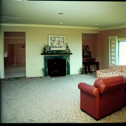 Prompt: a strange high flash photo of an empty suburban home, 2 0 0 6, taken with a disposable camera