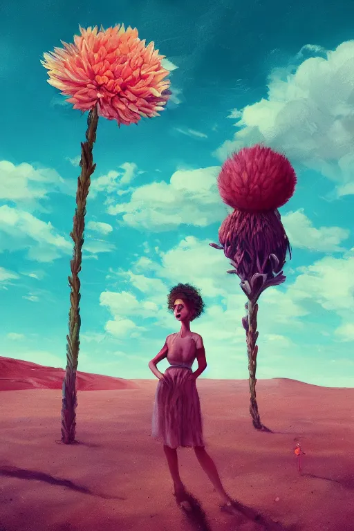 Prompt: closeup, giant flower head, girl in desert, surreal photography, wind and cold, dramatic sky, impressionist painting, digital painting, artstation, simon stalenhag