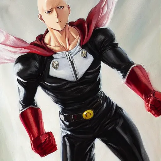 Image similar to a realistic oil painting of a live action saitama from one punch man. Many details, heroic pose
