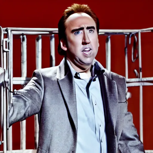 Prompt: a cagey nicholas cage caged in a cage on stage and enraged