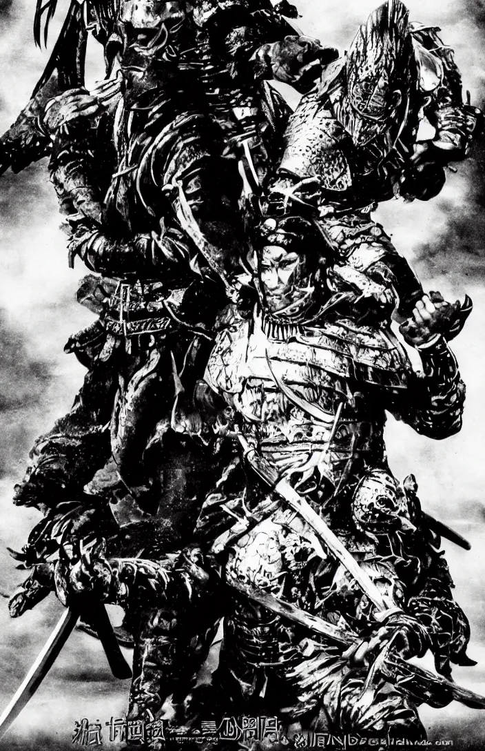 Image similar to movie film poster art for samurai vs predator film shot in feudal japan staring hiroyuki sanada as a disgraced ronin who hunts down the predator after he fails to protect his master from it. in the style of ansel adams, reynold brown, h. r. geiger.