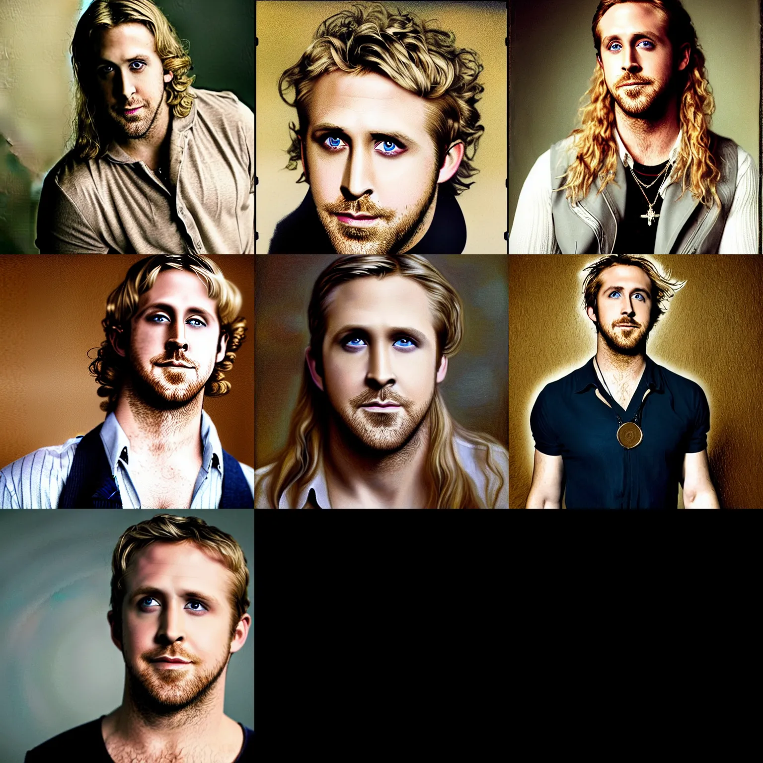 Prompt: Pre-Raphaelite portrait of actor, Ryan Gosling as the lead singer of the band Nickelback, with very long blond hair and grey eyes, high saturation