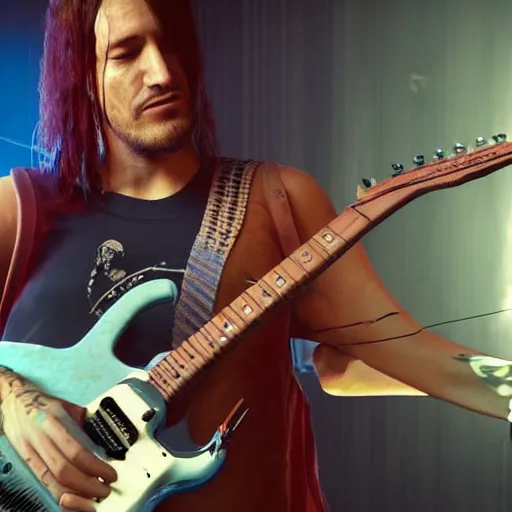 Prompt: John frusciante playing his guitar hyperdetailed photorealism Cyberpunk 2077 unreal engine 5 4k very high quality surrealism