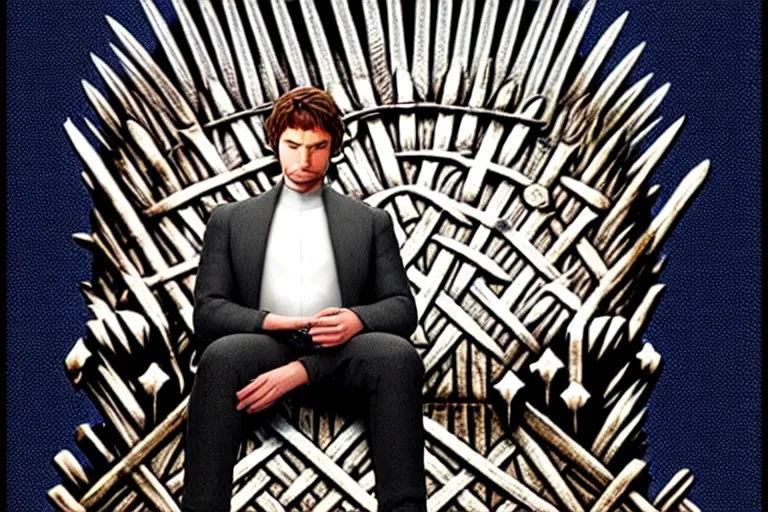 Image similar to man sitting, on a throne made of money, in the style of alex ross, game of thrones