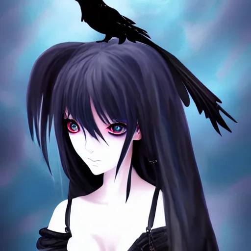 a gothic anime girl and her pet raven raven haunting, Stable Diffusion