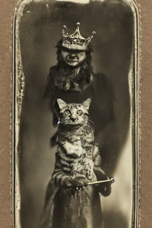 Image similar to a wet plate photo of an anthropomorphic cat king